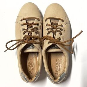 Sperry top-sider faux leather tan neutral women sz 9 gold heel accent shoes used